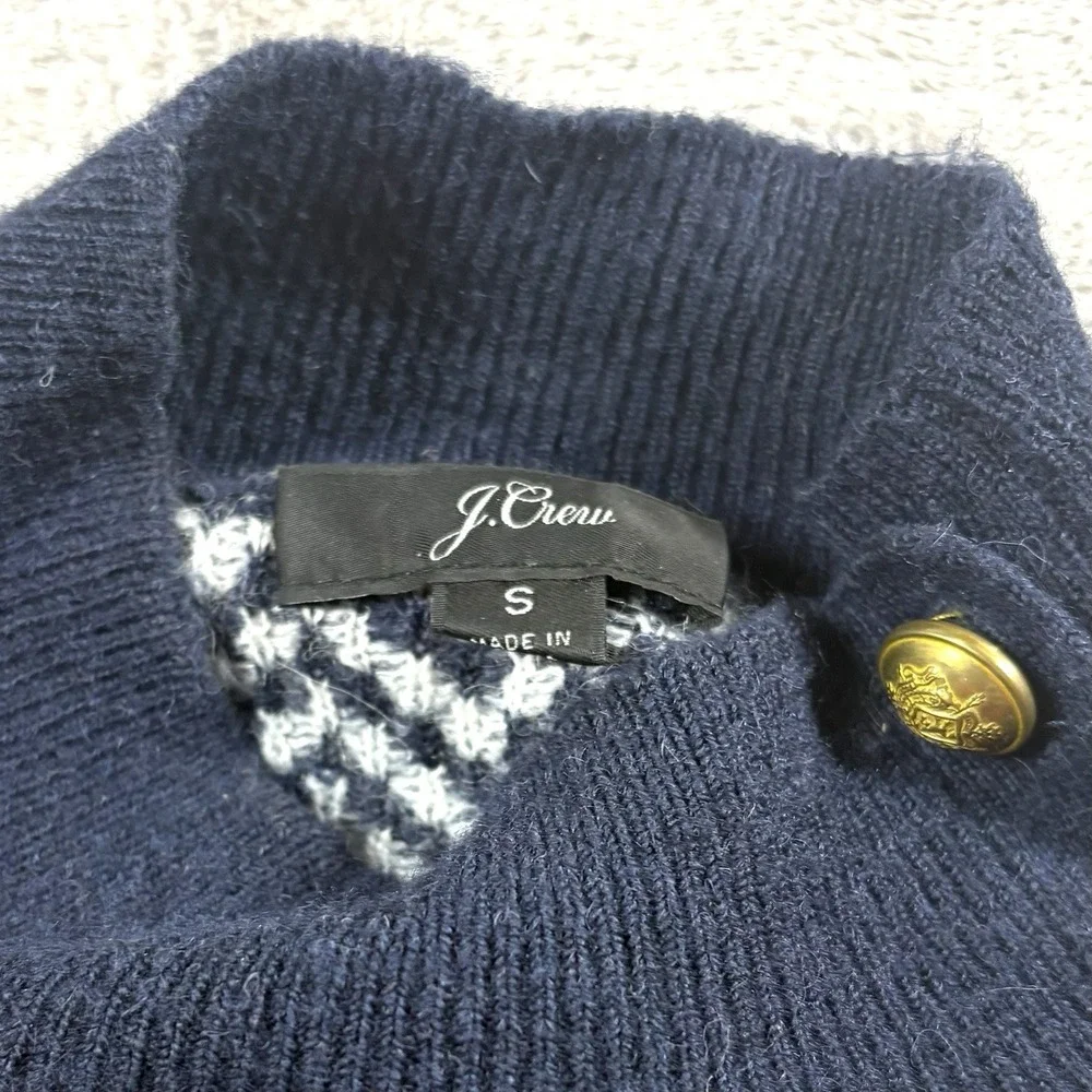 J. Crew‎ Button-detail mockneck sweater navy blue herringbone chevron Small